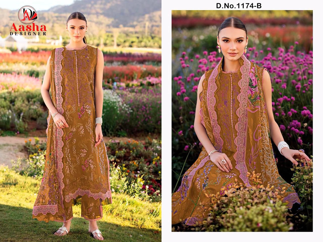 1174-B Brown Aasha Designer Embroidery Pakistani Patch Suits