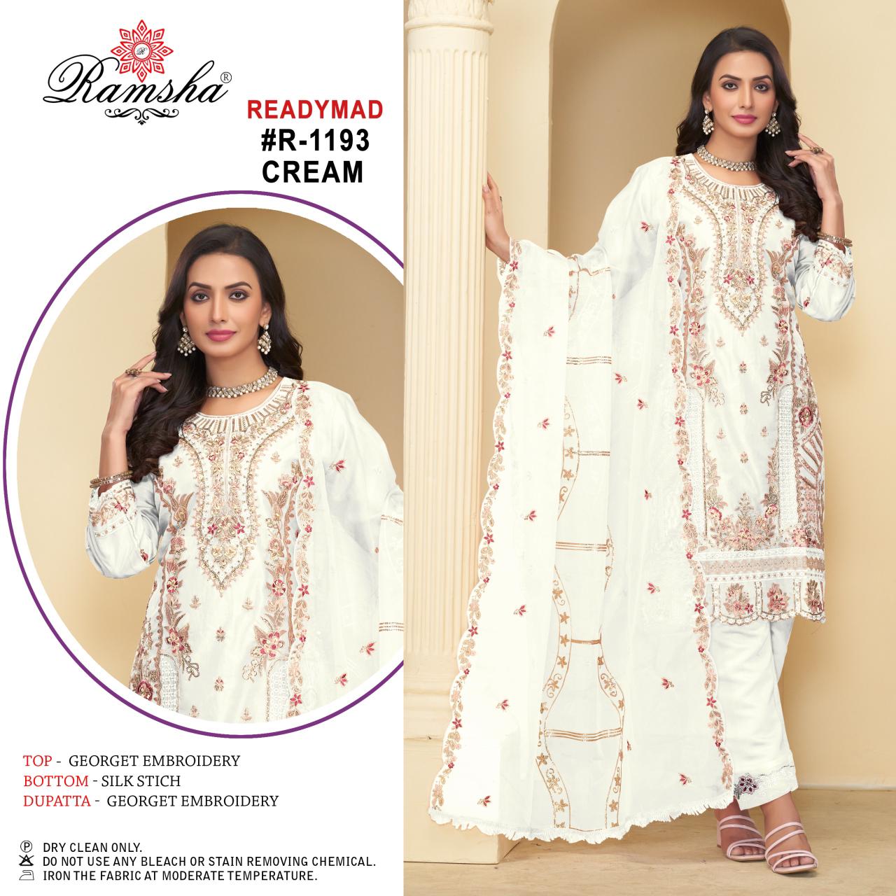 1193 Cream Ramsha Georgette Pakistani Readymade Suits