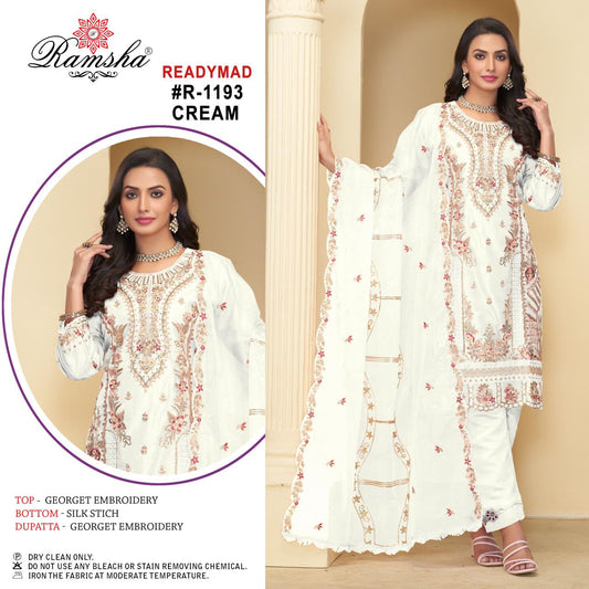1193 Cream Ramsha Georgette Pakistani Readymade Suits
