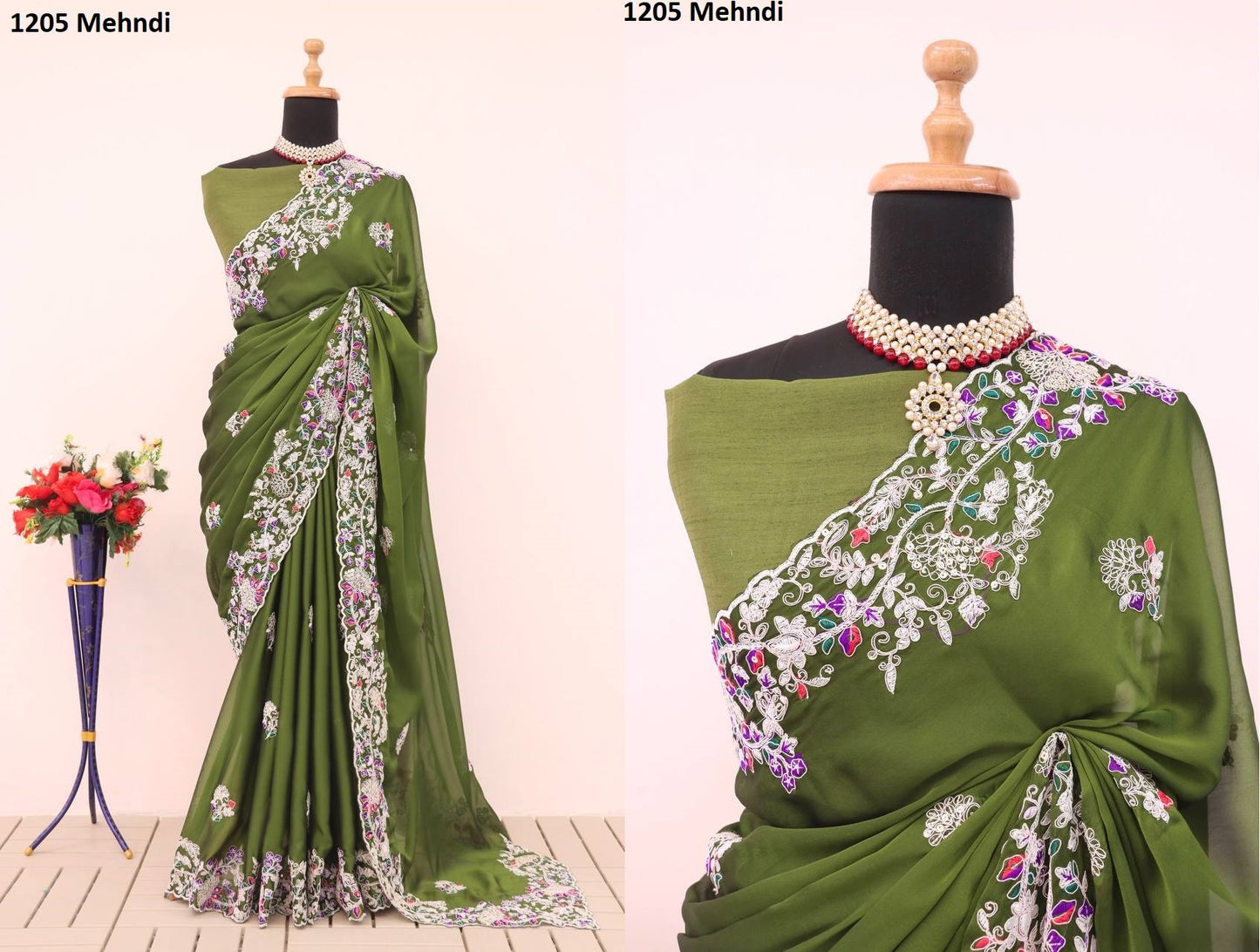 1205 Mehndi Bt Cording Sarees