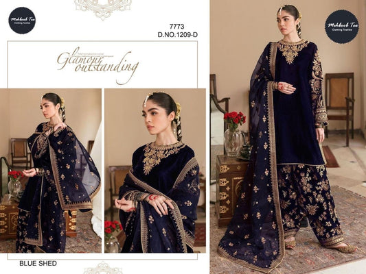 1209-D Blue Mehboob Tex Embroidery Velvet Suits