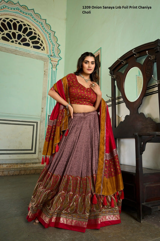 1209 Sanaya Onion Lnb Foil Print Chaniya Choli