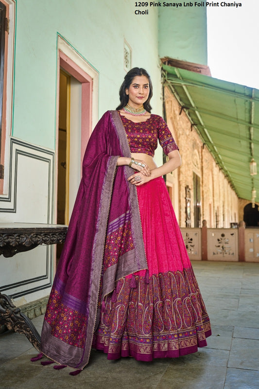 1209 Sanaya Pink Lnb Foil Print Chaniya Choli