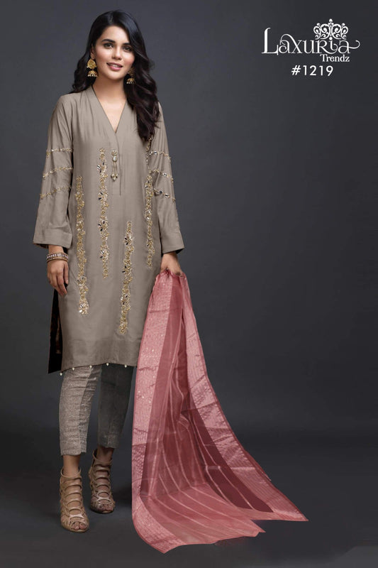 1219 Grey Laxuria Trendz Imported Satin Pakistani Readymade Suits