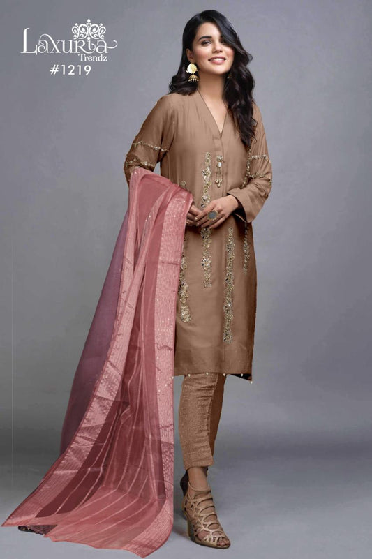 1219 Light Brown Laxuria Trendz Satin Pakistani Readymade Suits