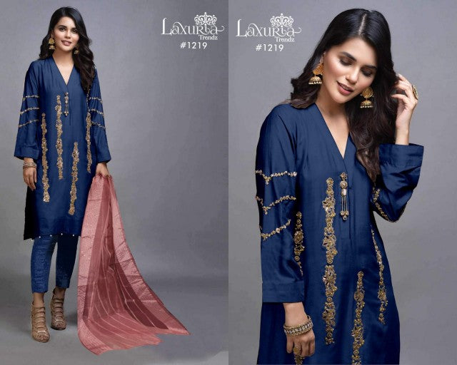 1219 Navy Blue Laxuria Trendz Imported Satin Pakistani Readymade Suits