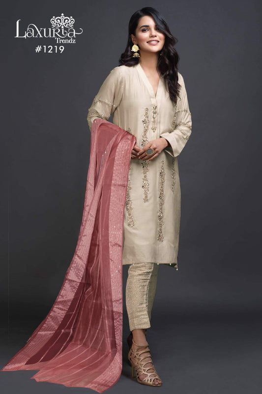 1219 Off White Laxuria Trendz Imported Satin Pakistani Readymade Suits