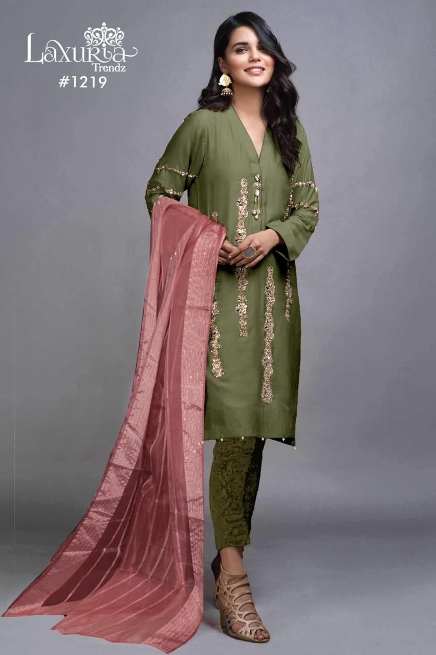 1219 Olive Green Laxuria Trendz Satin Pakistani Readymade Suits
