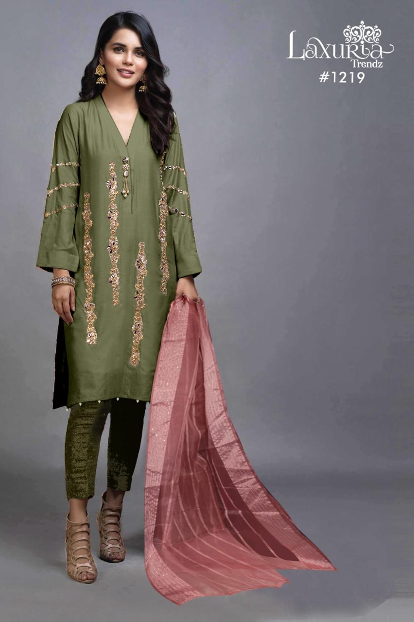 1219 Olive Green Laxuria Trendz Satin Pakistani Readymade Suits