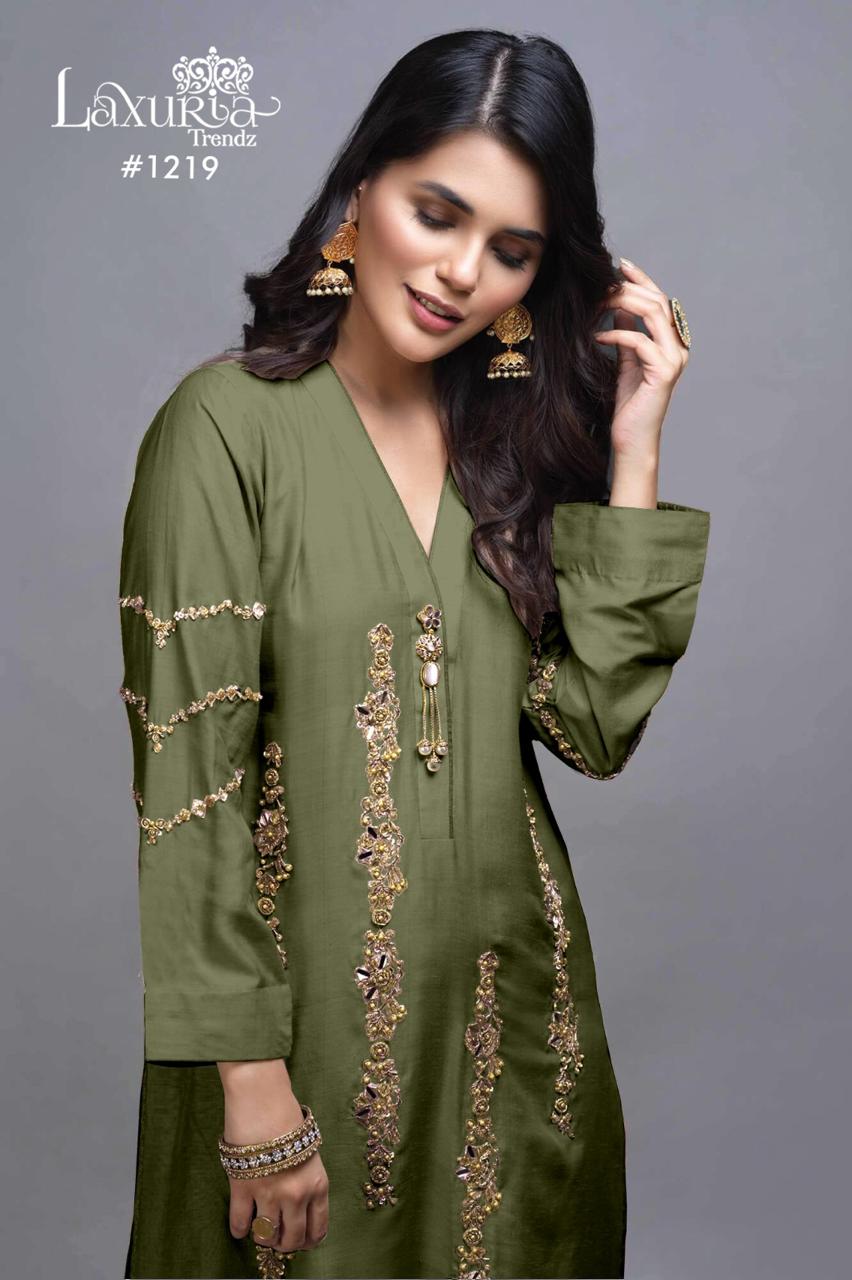 1219 Olive Green Laxuria Trendz Satin Pakistani Readymade Suits