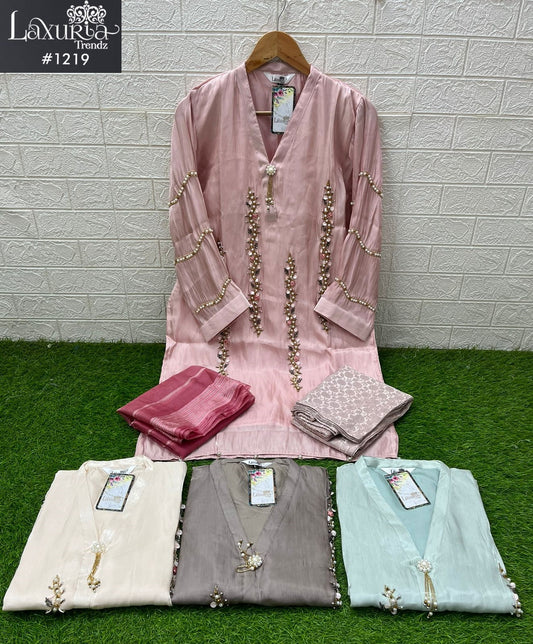 1219 Peach Laxuria Trendz Imported Satin Pakistani Readymade Suits