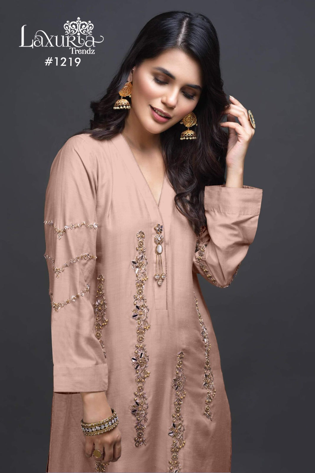 1219 Peach Laxuria Trendz Imported Satin Pakistani Readymade Suits