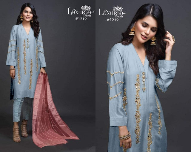 1219 Sky Laxuria Trendz Imported Satin Pakistani Readymade Suits