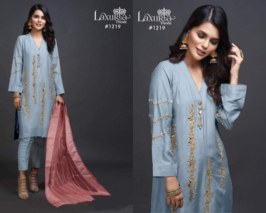 1219 Sky Laxuria Trendz Imported Satin Pakistani Readymade Suits