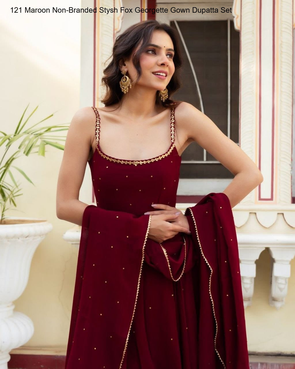 121 Maroon Non-Branded Stysh Fox Georgette Gown Dupatta Set