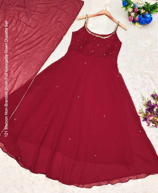 121 Maroon Non-Branded Stysh Fox Georgette Gown Dupatta Set
