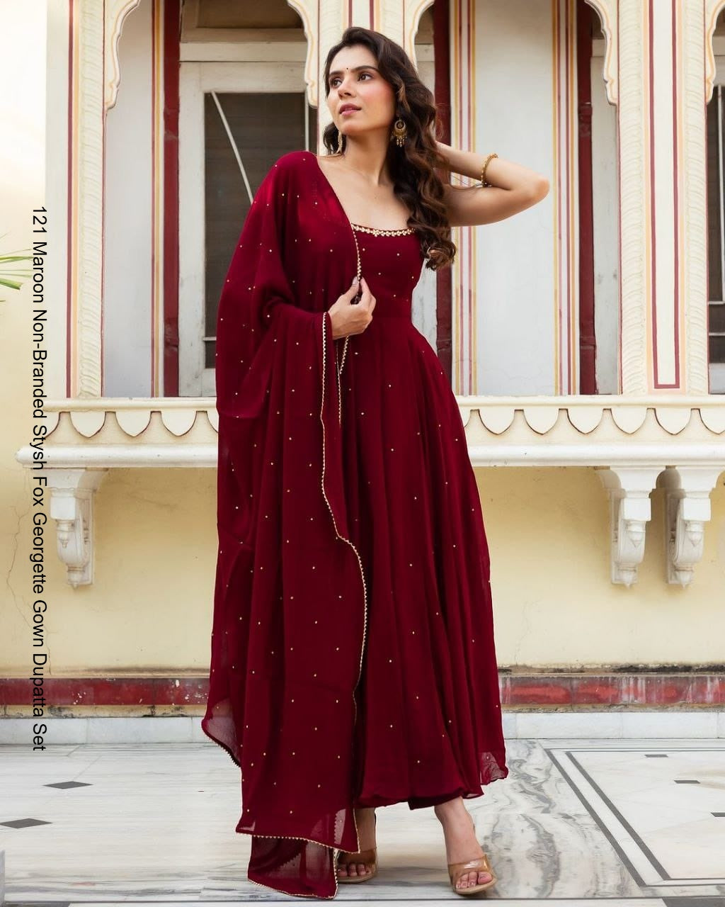 121 Maroon Non-Branded Stysh Fox Georgette Gown Dupatta Set