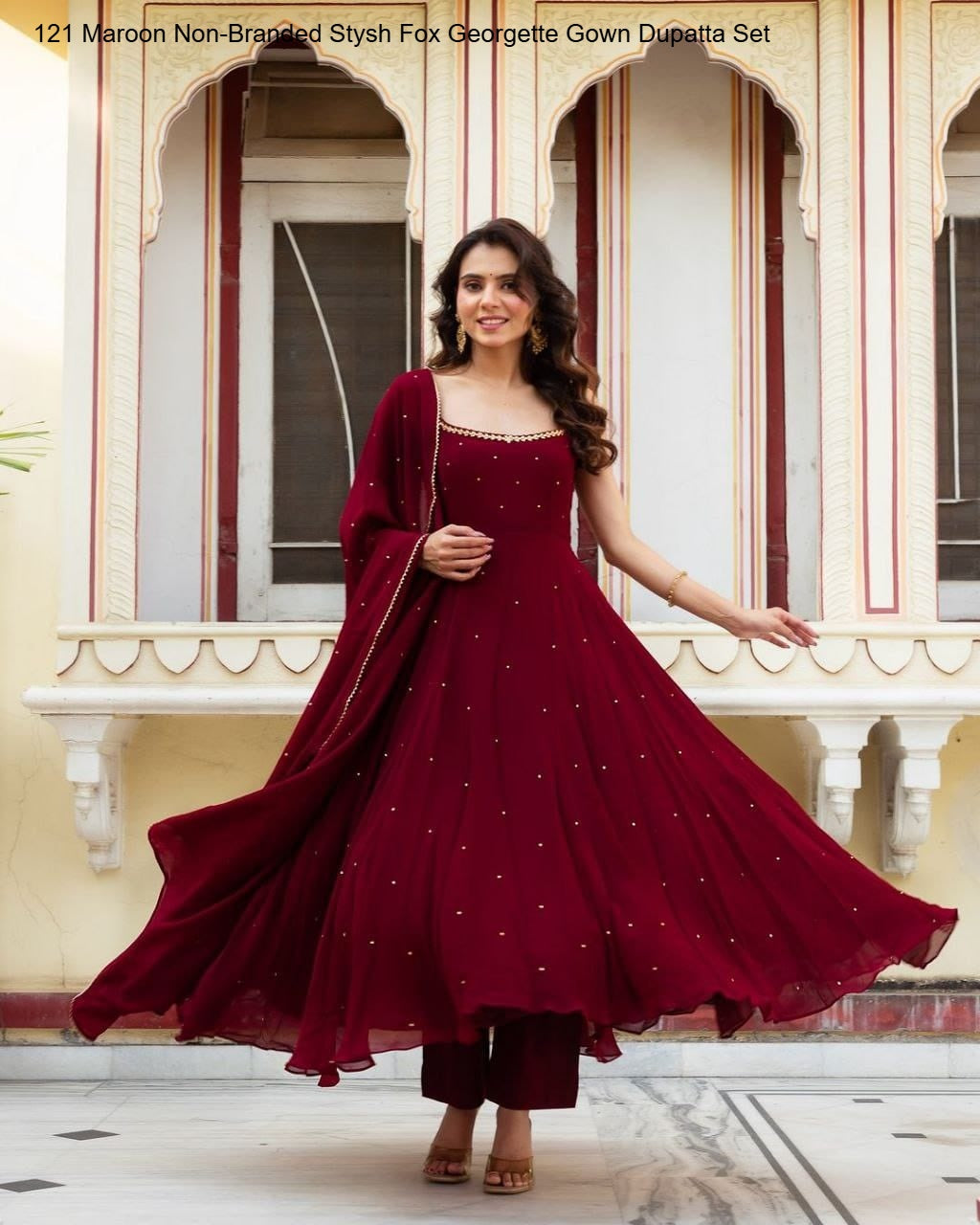 121 Maroon Non-Branded Stysh Fox Georgette Gown Dupatta Set