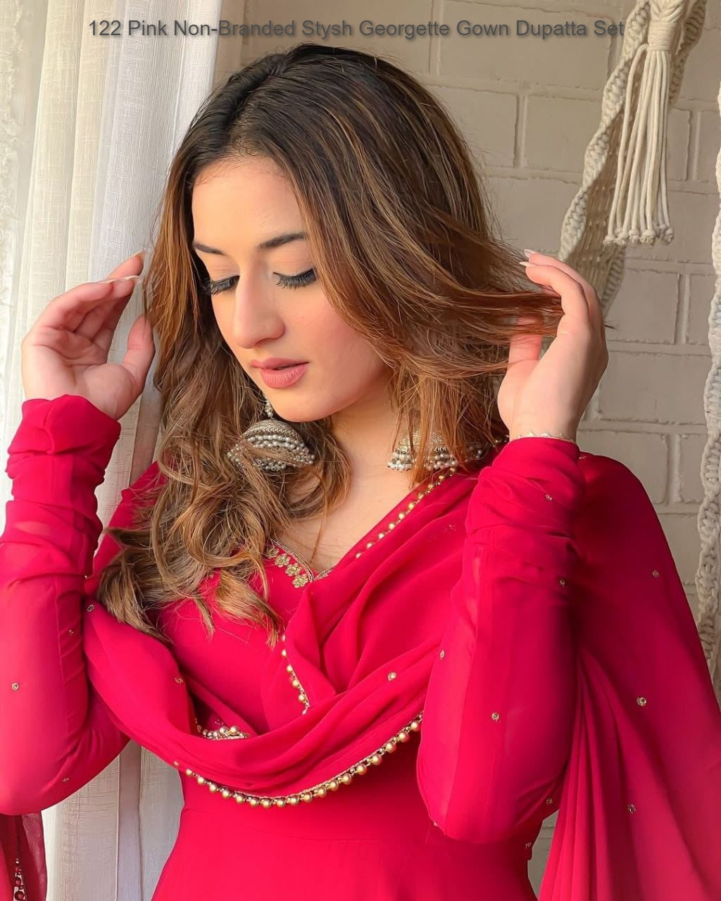 122 Pink Non-Branded Stysh Georgette Gown Dupatta Set