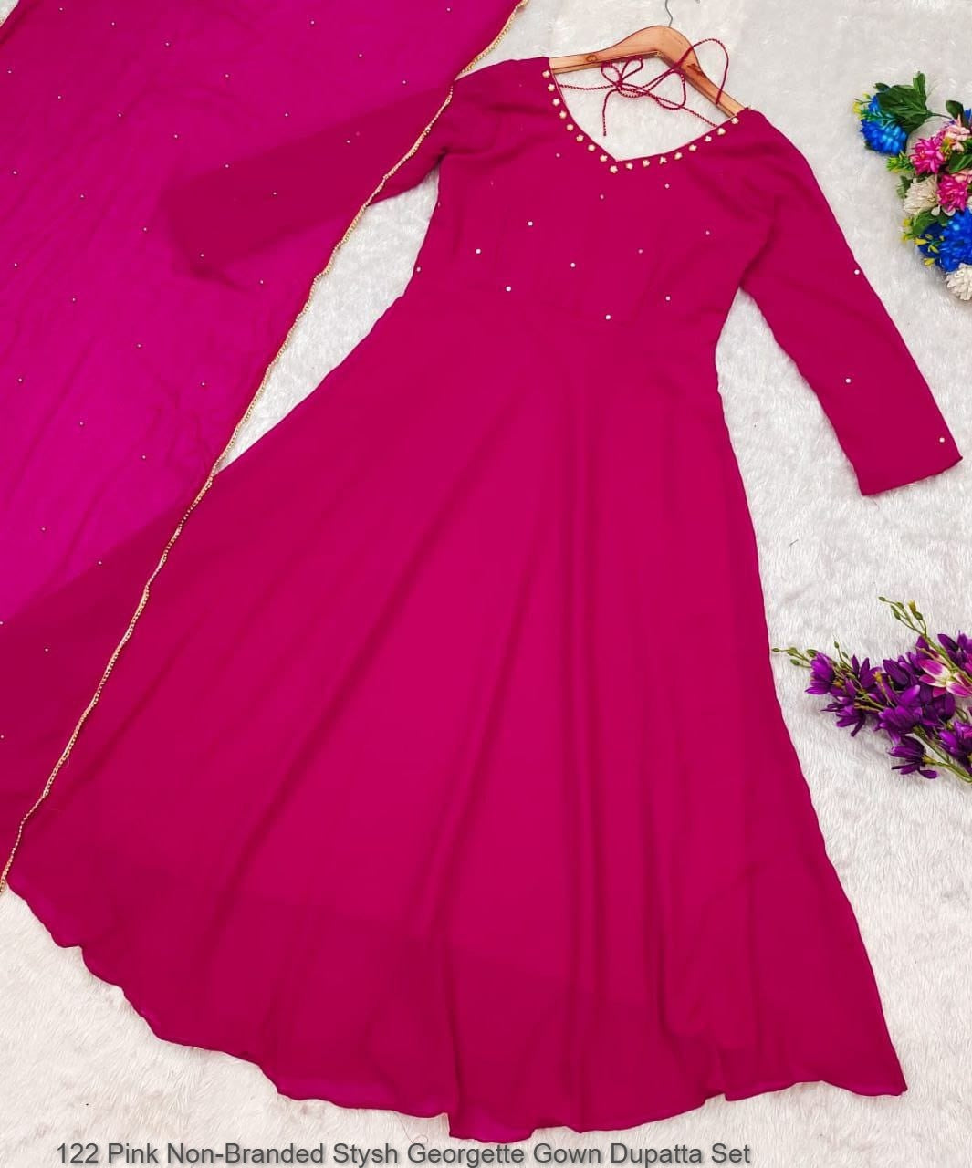 122 Pink Non-Branded Stysh Georgette Gown Dupatta Set