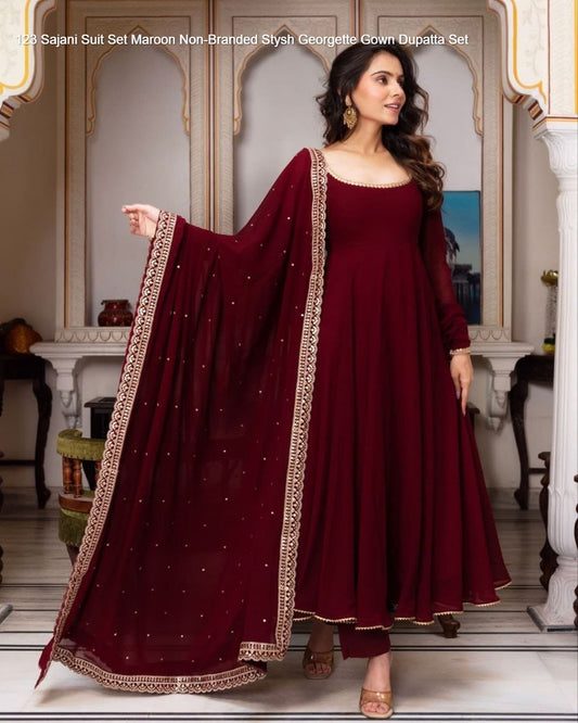 123 Sajani Suit Set Maroon Non-Branded Stysh Georgette Gown Dupatta Set