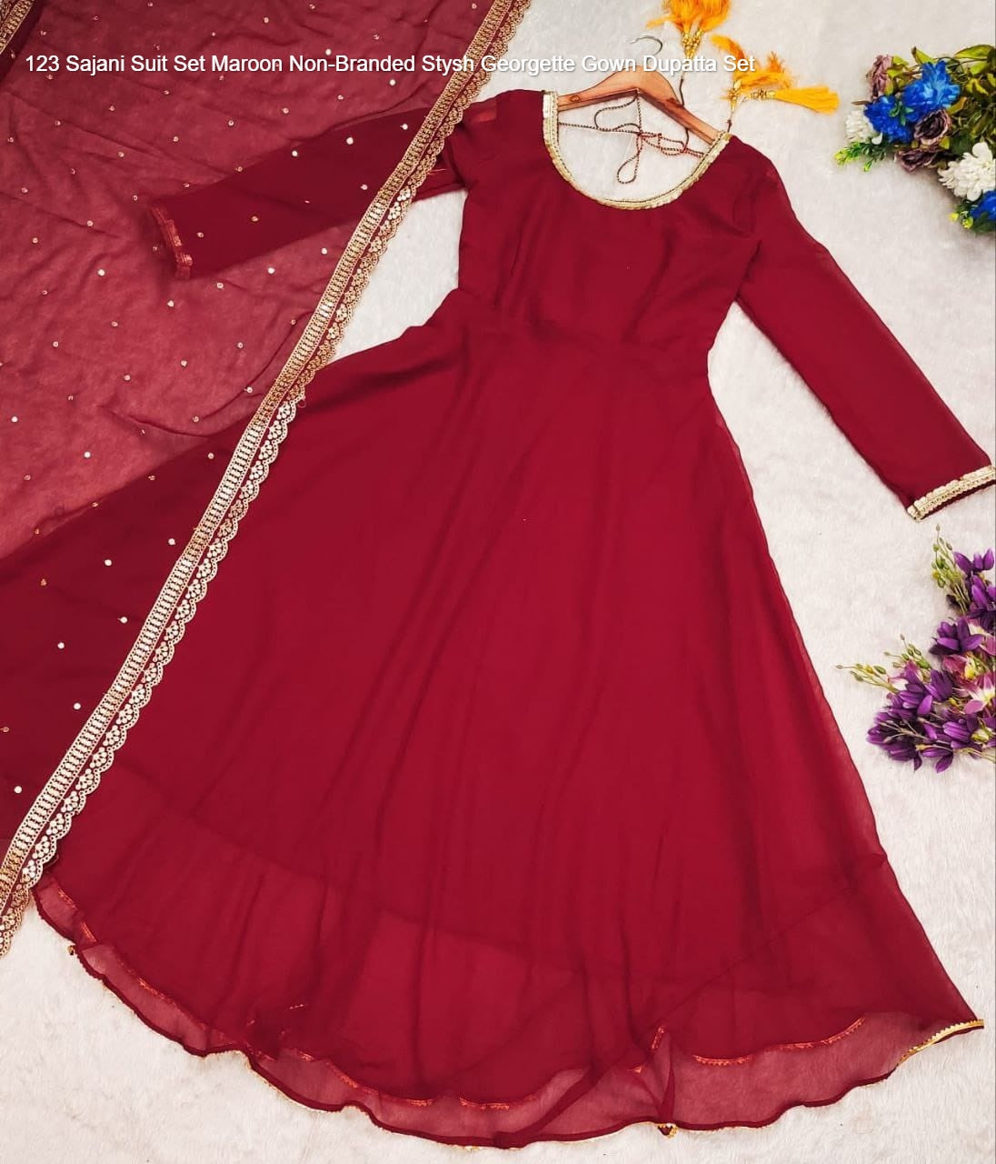 123 Sajani Suit Set Maroon Non-Branded Stysh Georgette Gown Dupatta Set