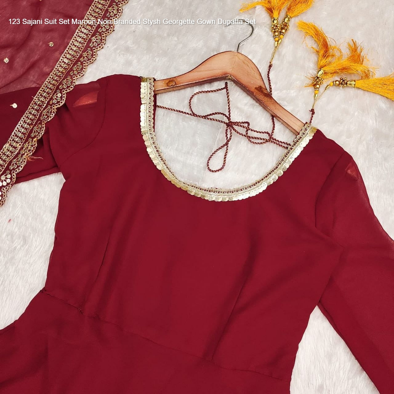 123 Sajani Suit Set Maroon Non-Branded Stysh Georgette Gown Dupatta Set