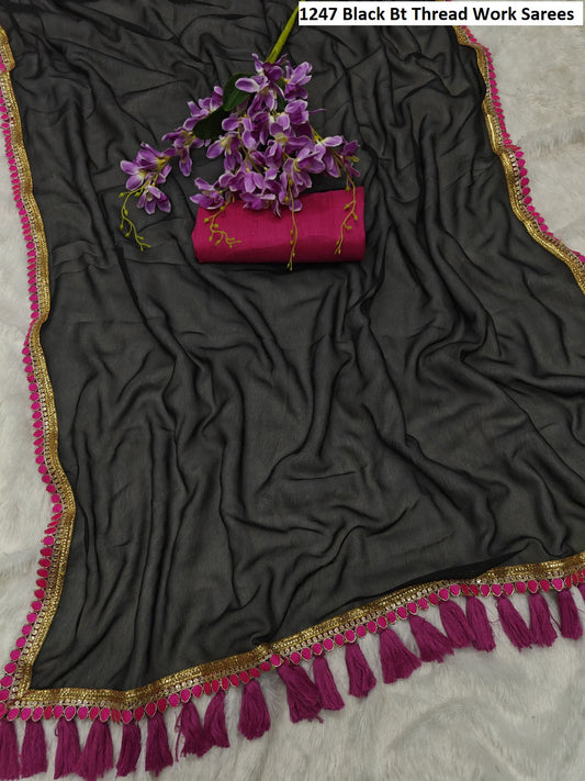 1247 Black Bt Thread Work Sarees