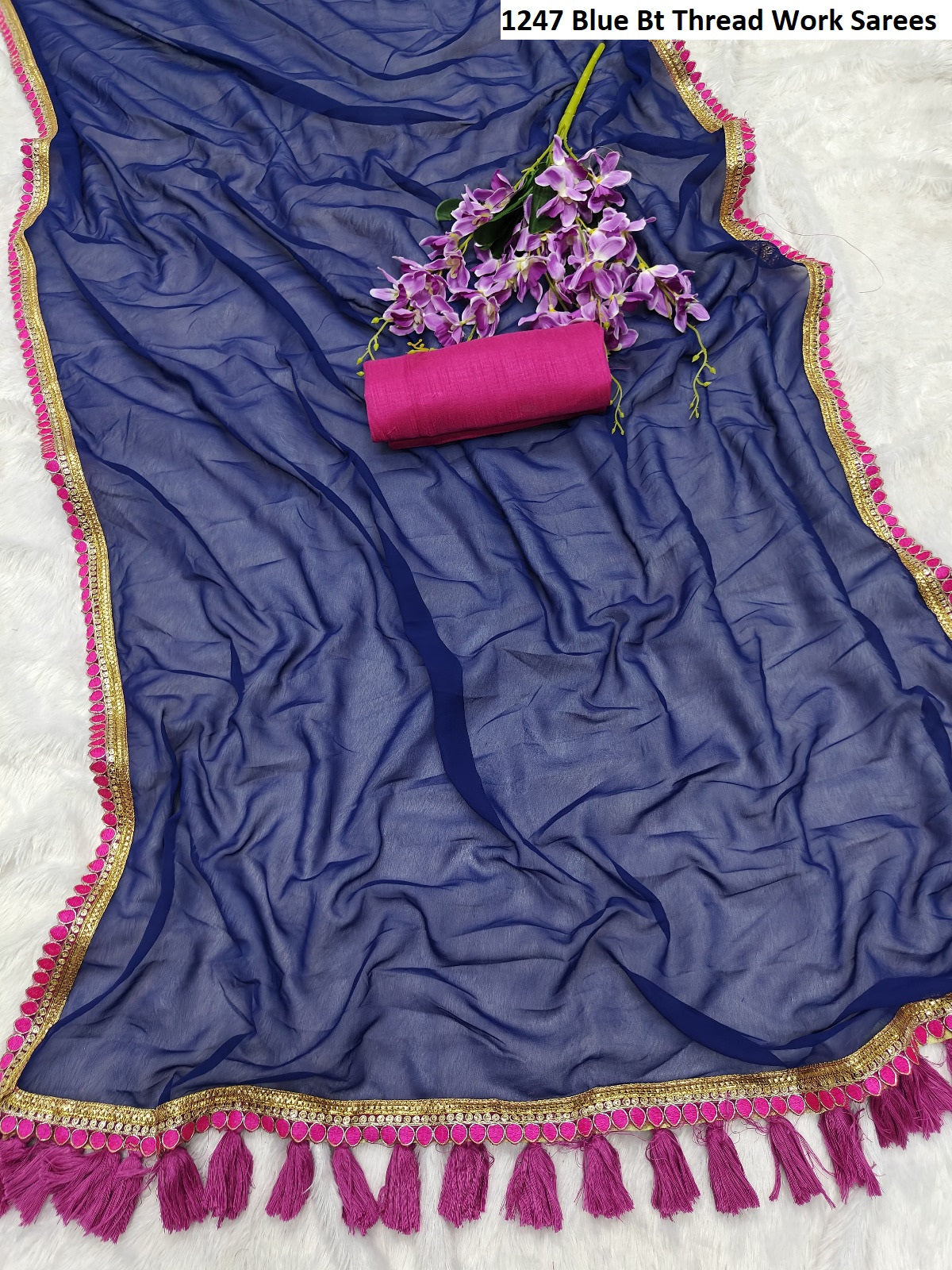 1247 Blue Bt Thread Work Sarees