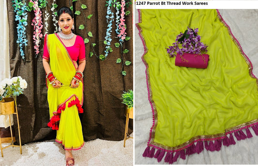 1247 Parrot Bt Thread Work Sarees