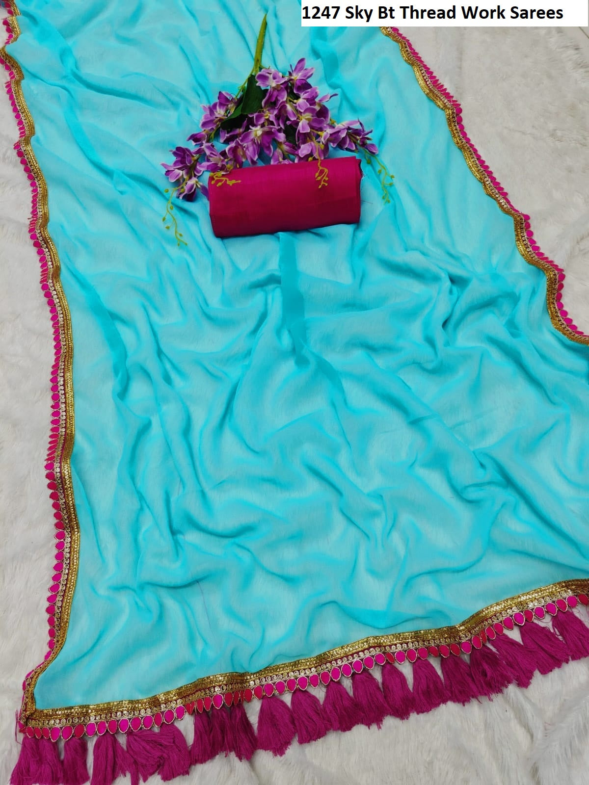 1247 Sky Bt Thread Work Sarees