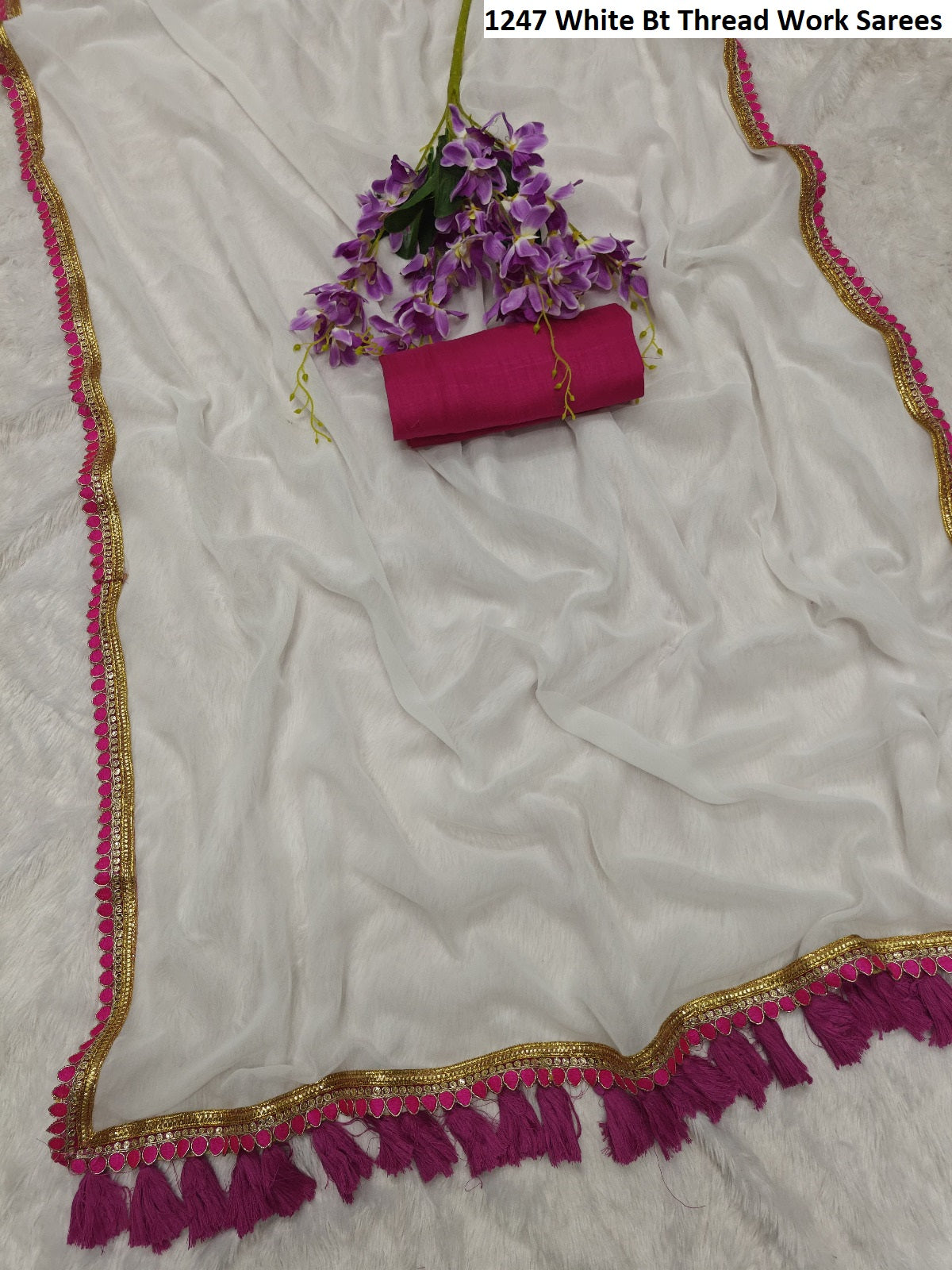 1247 White Bt Thread Work Sarees