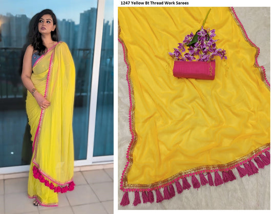 1247 Yellow Bt Thread Work Sarees