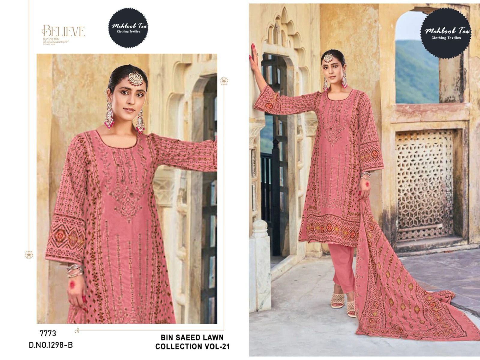 1298B Bin Saeed Lawn Collection Vol 21 Mehboob Tex Embroidery Pakistani Salwar Suits