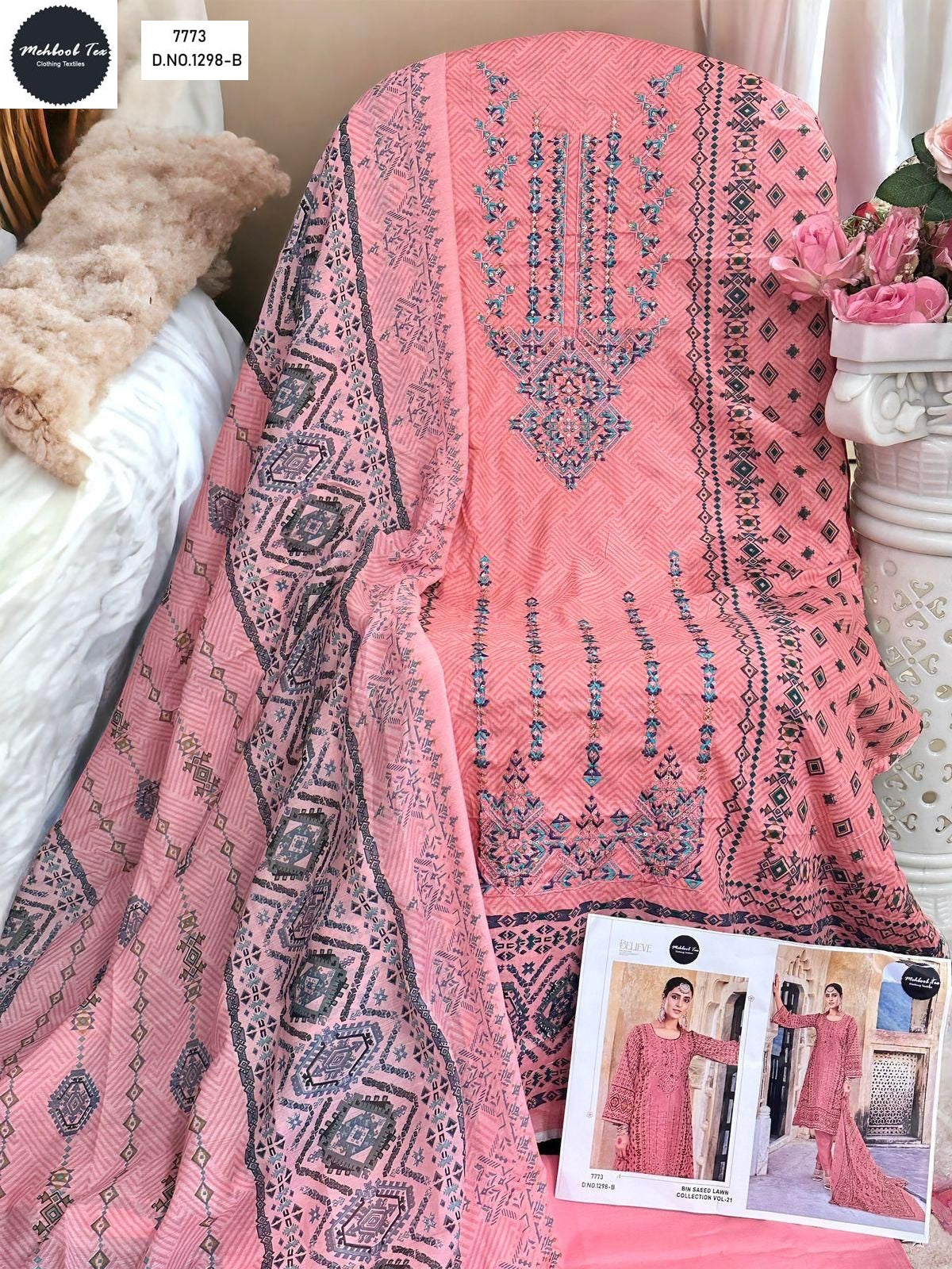 1298B Bin Saeed Lawn Collection Vol 21 Mehboob Tex Embroidery Pakistani Salwar Suits
