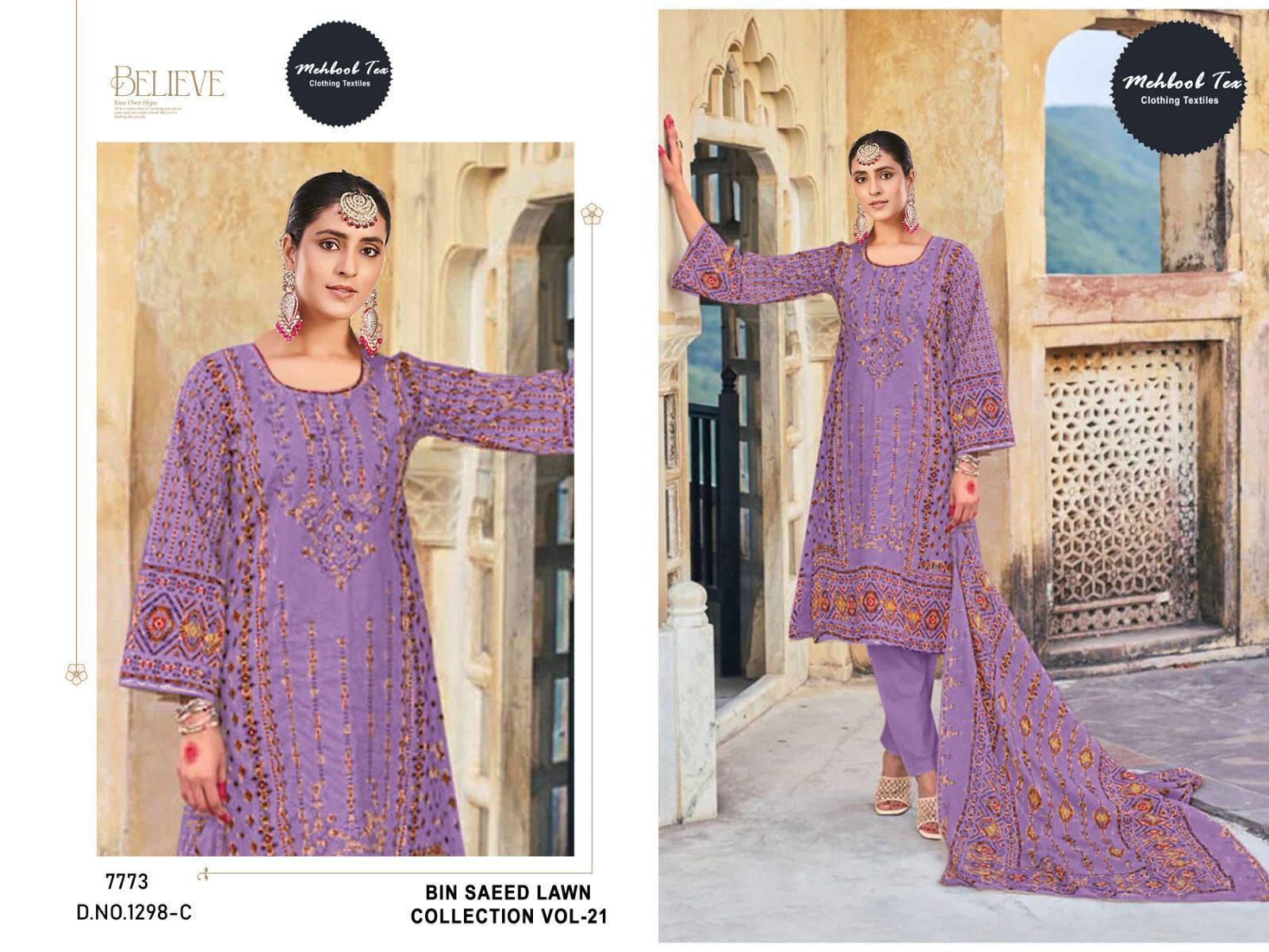 1298C Bin Saeed Lawn Collection Vol 21 Mehboob Tex Embroidery Pakistani Salwar Suits