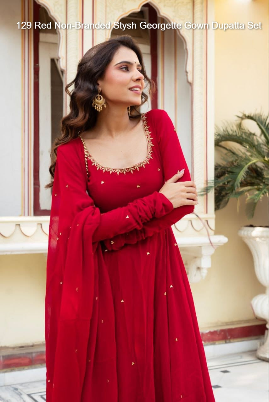 129 Red Non-Branded Stysh Georgette Gown Dupatta Set