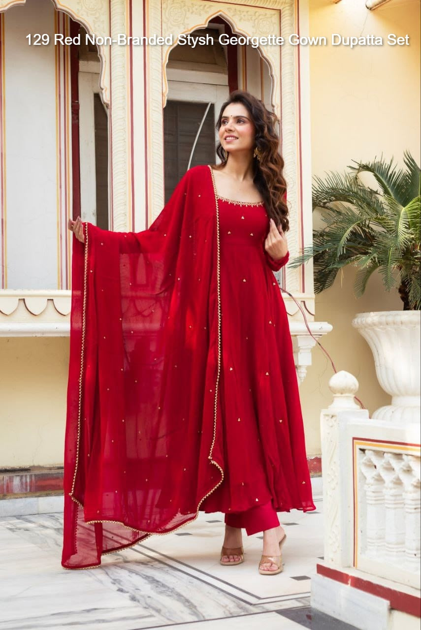129 Red Non-Branded Stysh Georgette Gown Dupatta Set