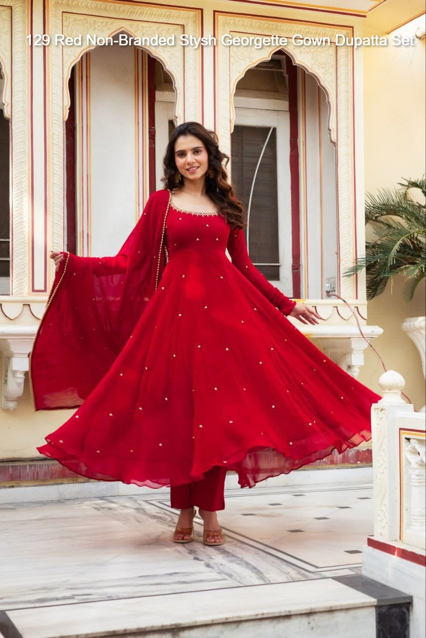 129 Red Non-Branded Stysh Georgette Gown Dupatta Set