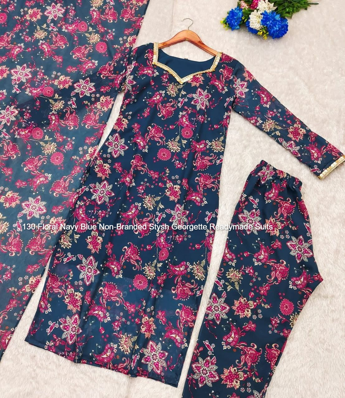 130 Floral Navy Blue Non-Branded Stysh Georgette Readymade Suits