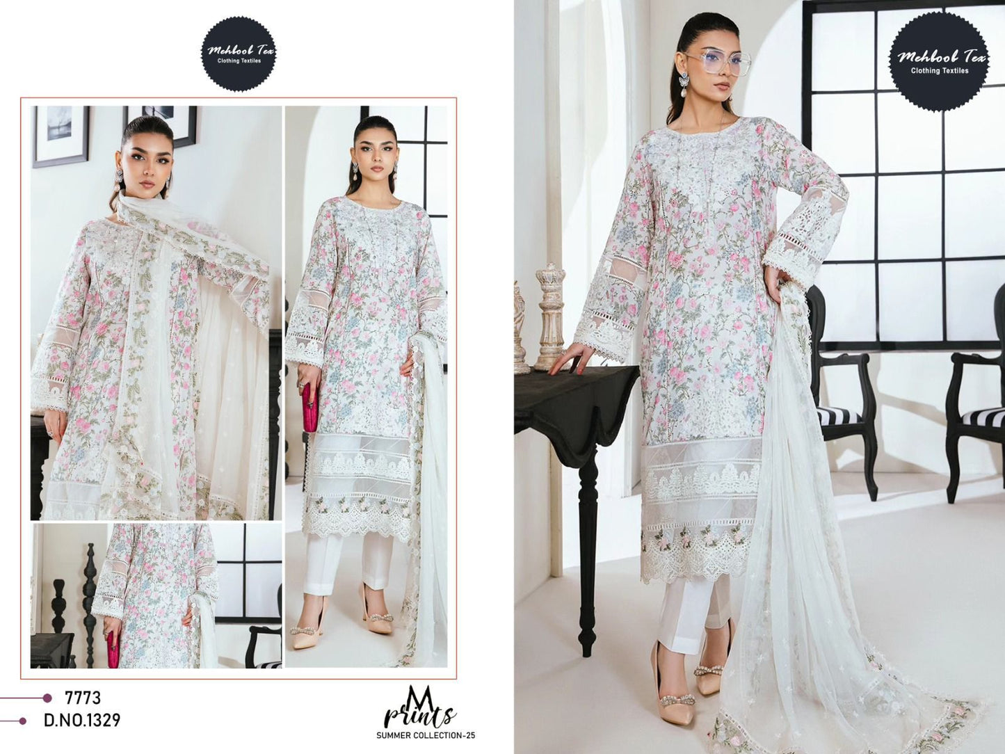 1329 M Print Summer Collection 25 Mehboob Tex Embroidery Work Pakistani Patch Suits