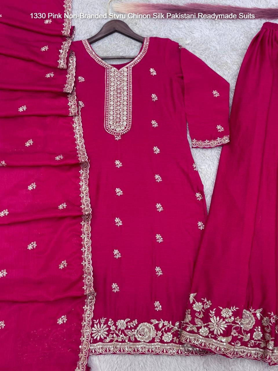 1330 Pink Non-Branded Stvru Chinon Silk Pakistani Readymade Suits
