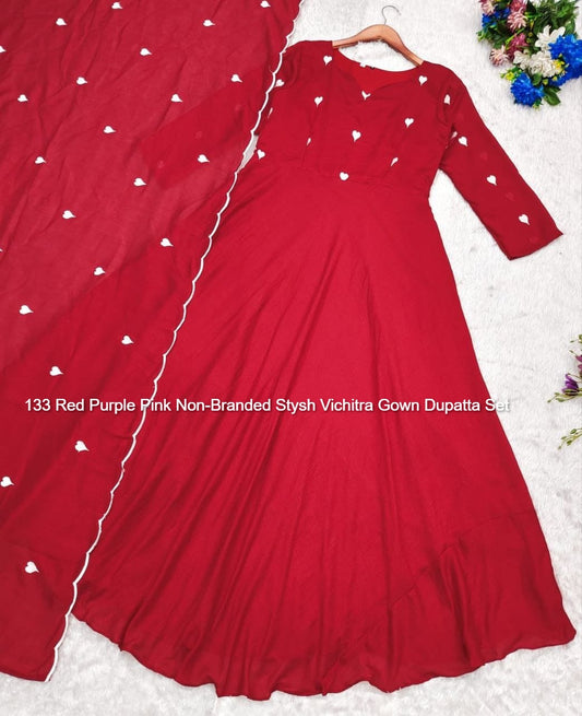133 Red Purple Pink Non-Branded Stysh Vichitra Gown Dupatta Set