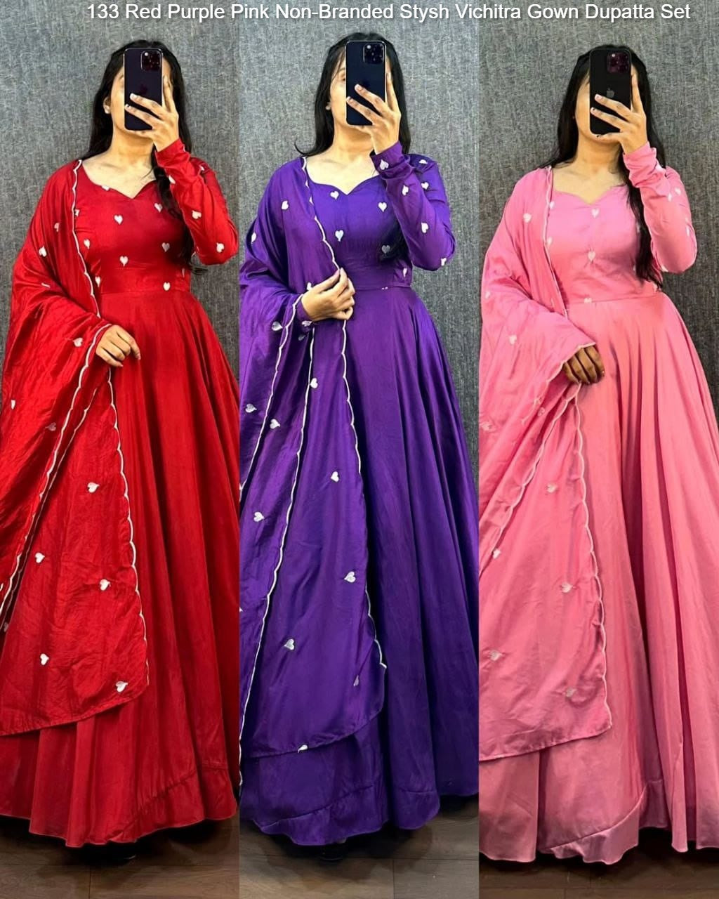 133 Red Purple Pink Non-Branded Stysh Vichitra Gown Dupatta Set