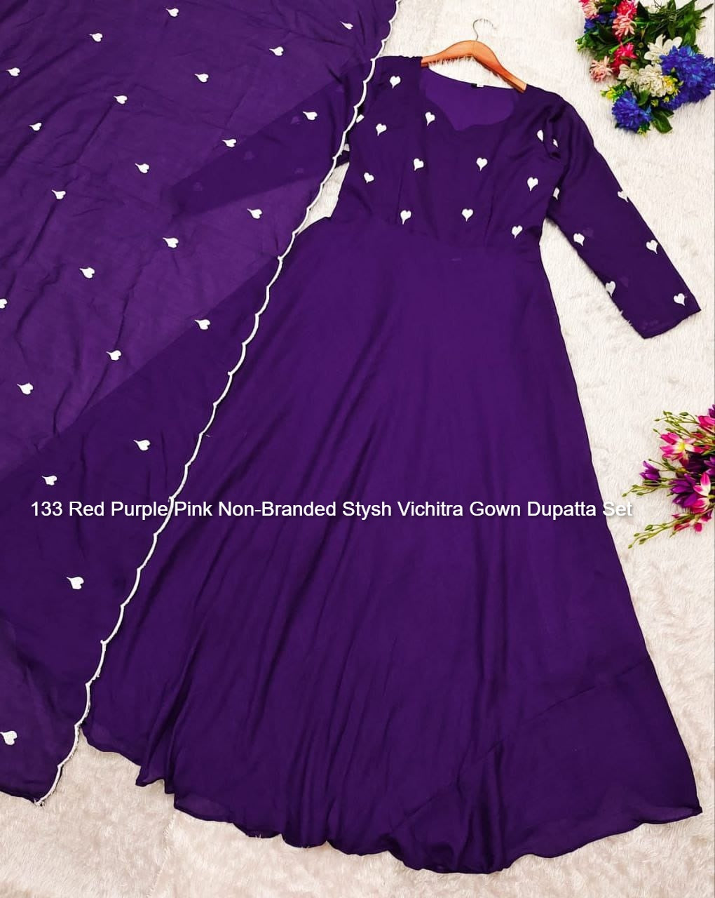 133 Red Purple Pink Non-Branded Stysh Vichitra Gown Dupatta Set