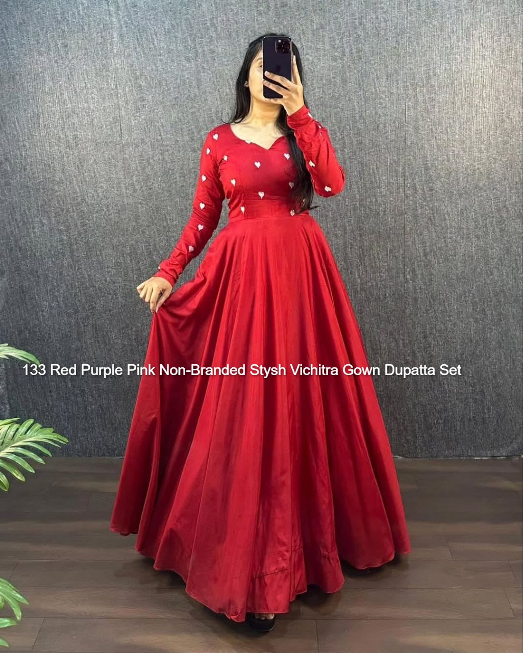 133 Red Purple Pink Non-Branded Stysh Vichitra Gown Dupatta Set