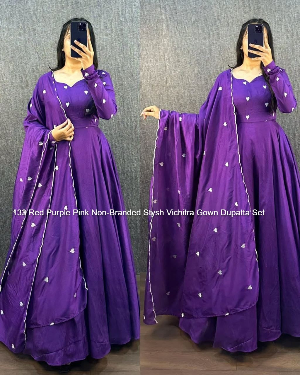 133 Red Purple Pink Non-Branded Stysh Vichitra Gown Dupatta Set
