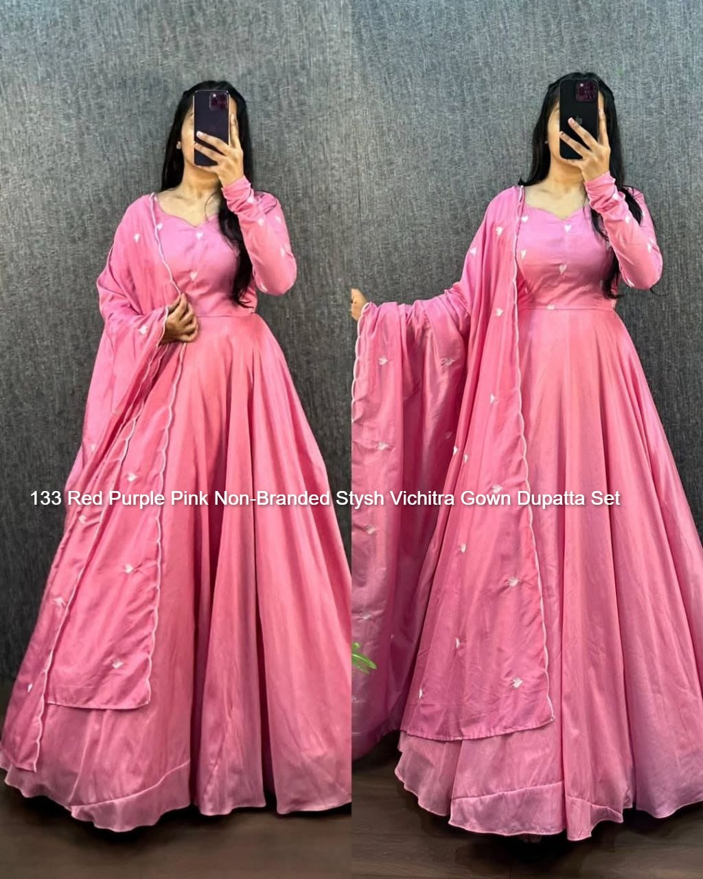 133 Red Purple Pink Non-Branded Stysh Vichitra Gown Dupatta Set