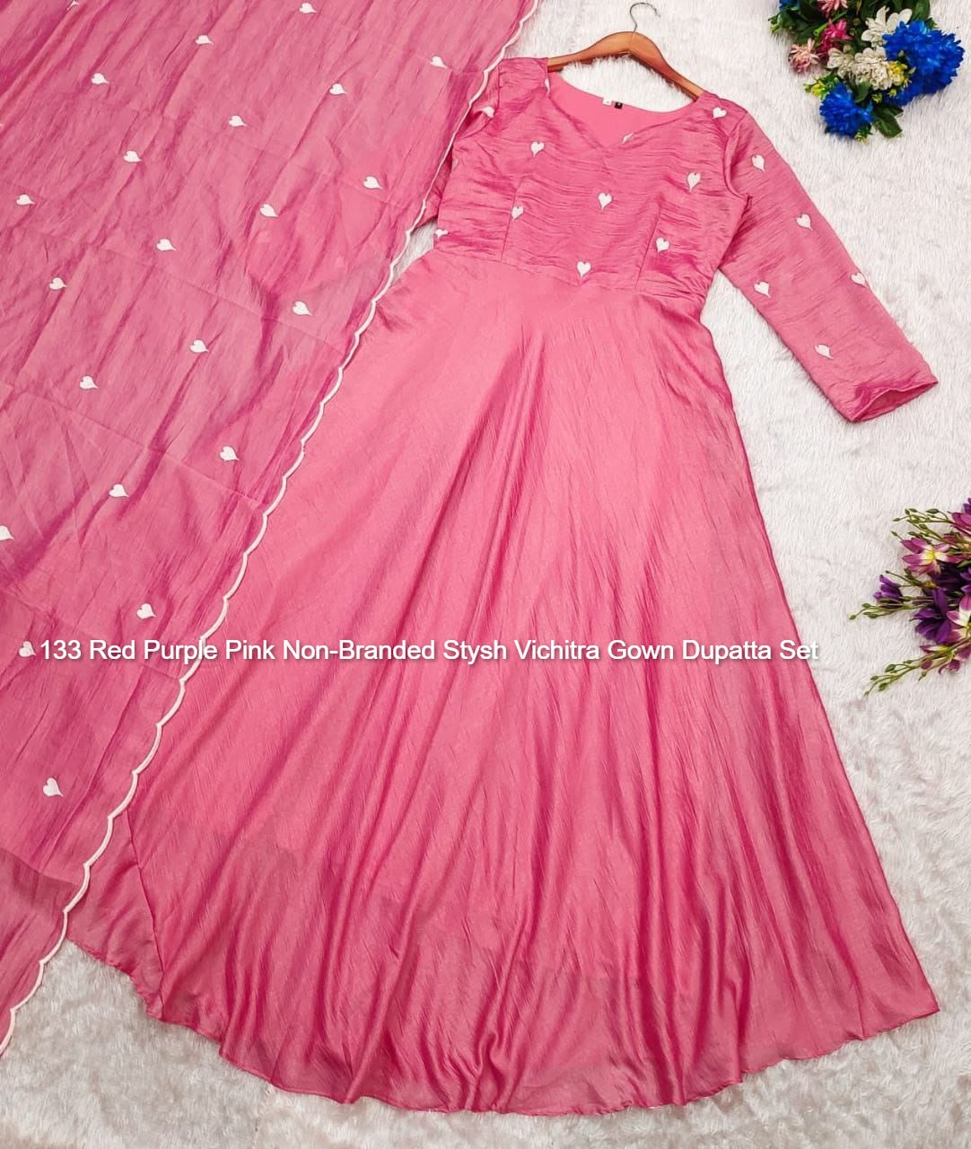133 Red Purple Pink Non-Branded Stysh Vichitra Gown Dupatta Set