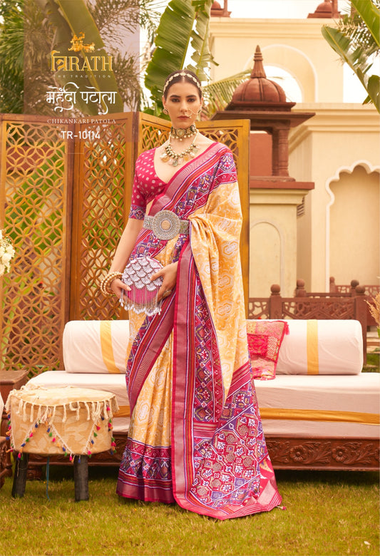 10114 Mehendi Patola Trirath Sarees